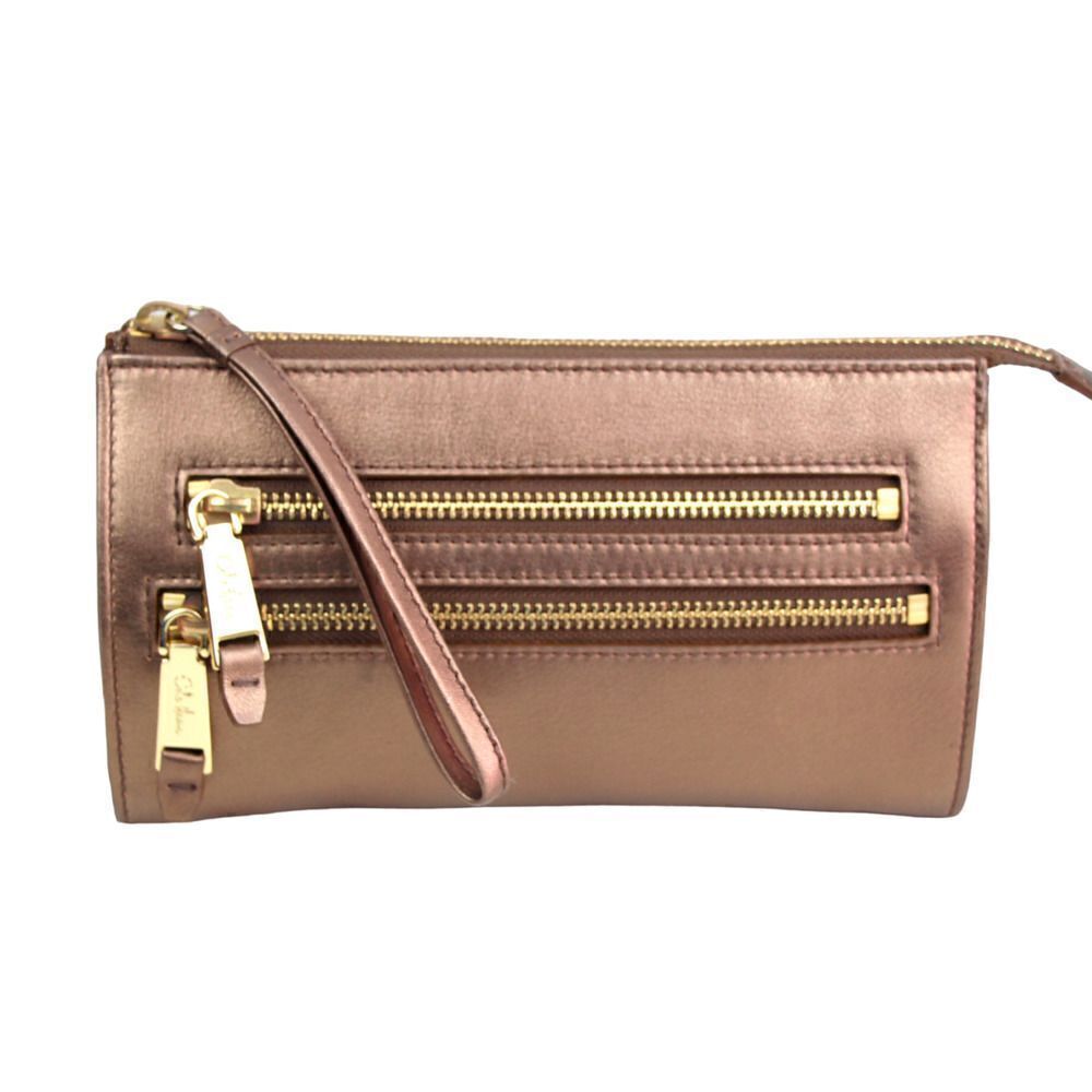 COLE HAAN BRONZE GENUINE LEATHER ZIP CARD WALLET MESSENGER WRISTLET PURSE